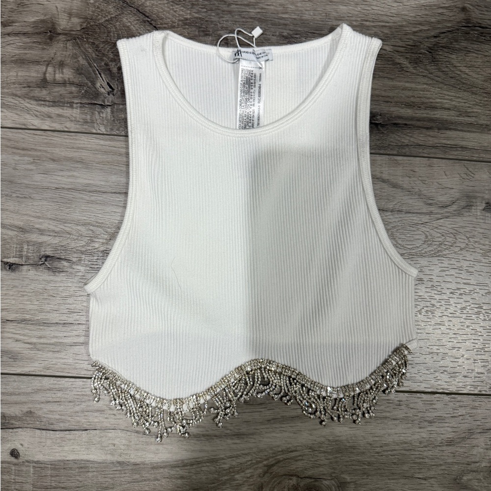 Zara White Ribbed Crop Top with Beaded Fringe